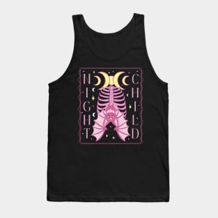 A bat hangs from a rib cage under the triple moon with the words night child occult witchcraft design Tank Top